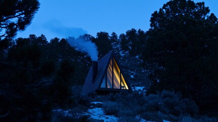 Cozy Cabin in Snowy Forest with Smoke Rising from Chimney at Dusk