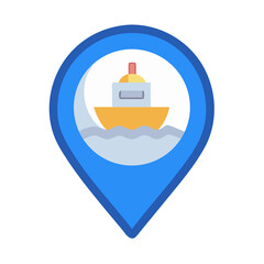 Blue map pointer with ship icon on black background