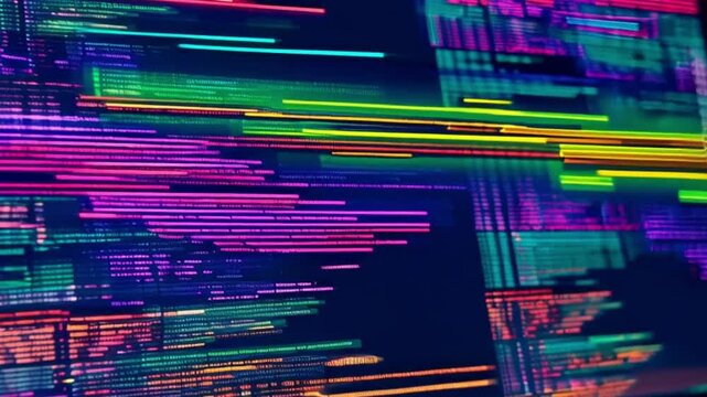 Close-up of hands typing on backlit keyboard with code running on screen, neon tech style.