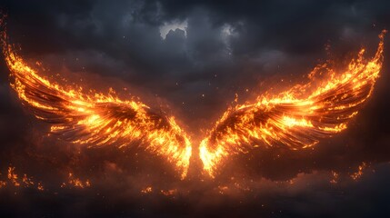Fototapeta premium Fiery, burning wings against a stormy sky.