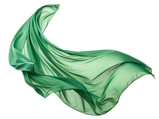 Flying green silk fabric isolated on transparent background. A green silk scarf is shown in the air, with the fabric flowing and creating a sense of movement.