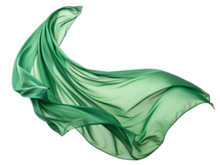 Flying green silk fabric isolated on transparent background. A green silk scarf is shown in the air, with the fabric flowing and creating a sense of movement.