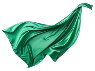 Flying green silk fabric isolated on transparent background. A green silk scarf is shown in the air, with the fabric flowing and creating a sense of movement.