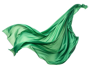 Flying green silk fabric isolated on transparent background. A green silk scarf is shown in the air, with the fabric flowing and creating a sense of movement.
