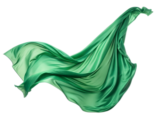 Flying green silk fabric isolated on transparent background. A green silk scarf is shown in the air, with the fabric flowing and creating a sense of movement.