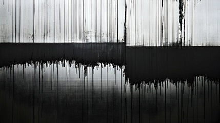 Abstract grayscale artwork; dark, dripping paint over light panels; modern art; design background