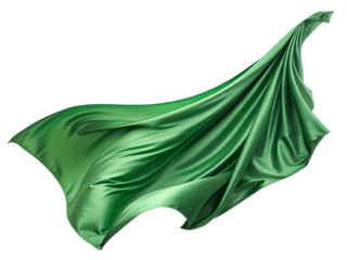 Flying green silk fabric isolated on transparent background. A green silk scarf is shown in the air, with the fabric flowing and creating a sense of movement.