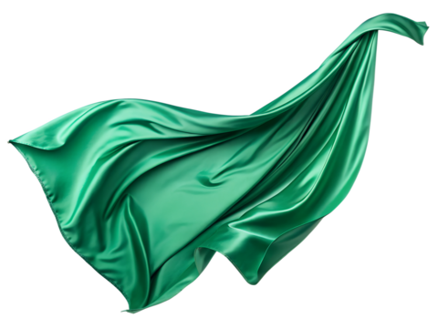Flying green silk fabric isolated on transparent background. A green silk scarf is shown in the air, with the fabric flowing and creating a sense of movement.