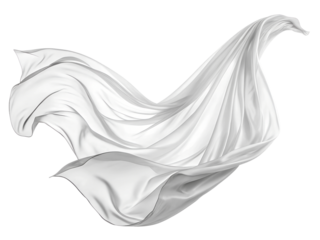 Realistic flying white silk fabric isolated on transparent background. A white fabric with a long, flowing edge. The fabric is white and has a silky texture.