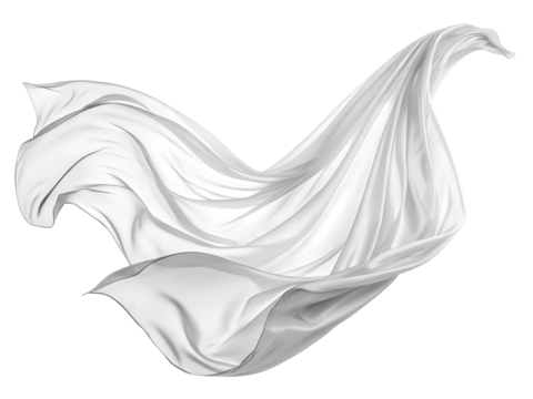 Realistic flying white silk fabric isolated on transparent background. A white fabric with a long, flowing edge. The fabric is white and has a silky texture.