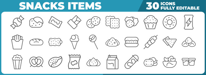 Food icons collection outline style various snack items line art