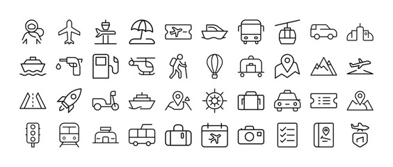 Travel and tourism icon set vector outline style collection
