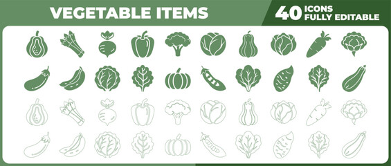 Set of forty vegetable icons with solid and outline styles in green tones