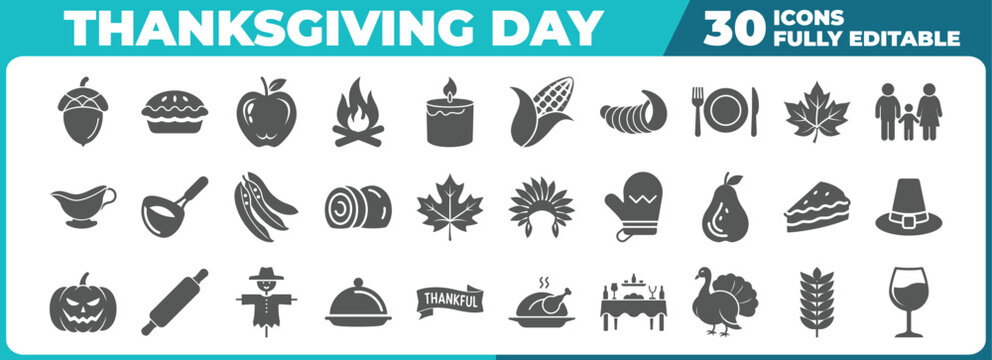 Thanksgiving day icon set food and family gatherings celebration elements isolated