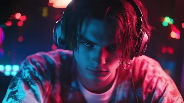 pro gamer man in headphones live streaming while playing online computer game, neon lights, esports,  gaming, monitor, play, young, player, internet, enjoyment, cyber,