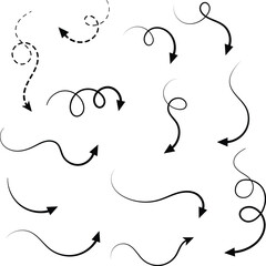 Arrow collection pointing downward featuring curved and dashed line designs for directional graphics