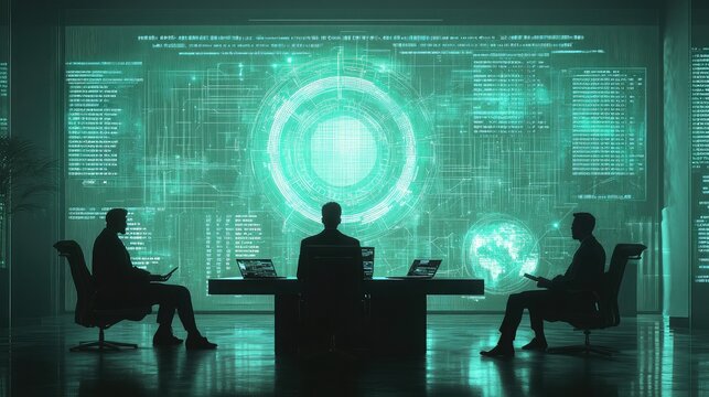 Three people silhouetted in front of a large screen displaying complex data and digital information