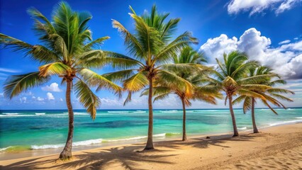 Fototapeta premium Palm trees swaying in the wind against a clear blue sky with golden sand beach and turquoise water in the distance , waves