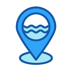 Blue location pin with water waves icon graphic