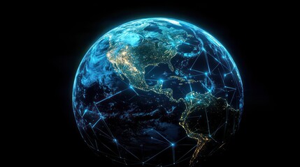 Digital representation of Earth at night showing illuminated cities and a network of glowing interconnected points symbolizing global communication and connectivity