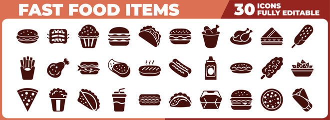 Fast food vector icons collection featuring burgers pizza chicken tacos and more