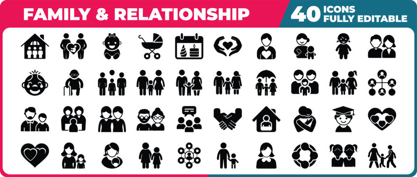 Family and relationship black silhouette icon set featuring people of all ages