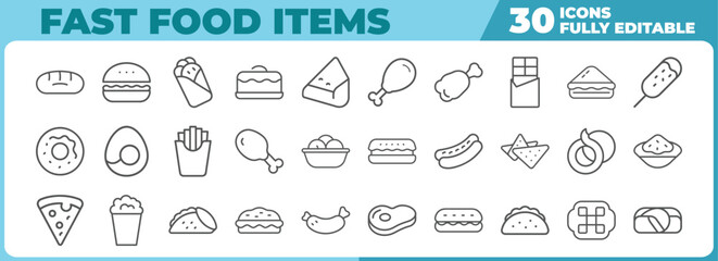 Fast food line icon set thirty different food items