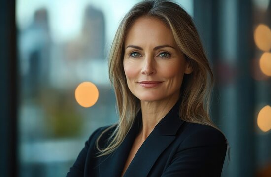 confident woman with light brown hair wearing a black blazer standing indoors with blurred urban background and soft warm lighting