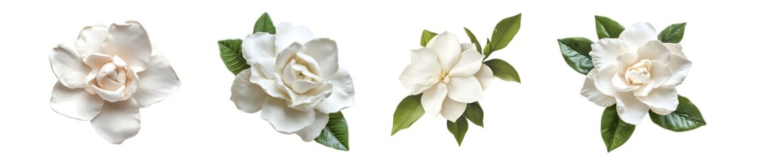 Set of three white gardenia flowers. isolated on transparent background
