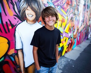 Young boy smiling against vibrant street art mural, showing urban culture, creativity, and joy in a lively city environment filled with colors