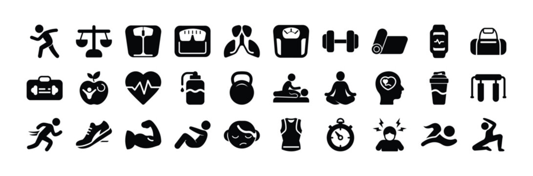 Fitness and wellness black glyph icon set for healthy lifestyle