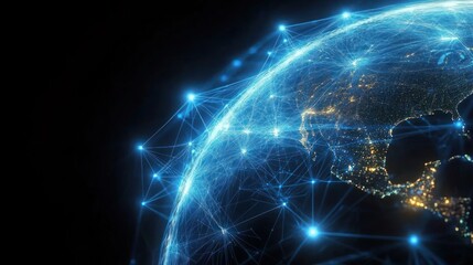 Glowing digital network connections surrounding a realistic illuminated globe highlighting North America showing a futuristic global communication system