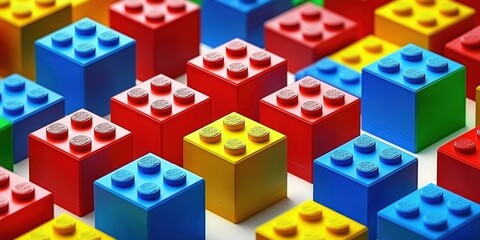 Obraz premium Colorful plastic interlocking building blocks arranged closely with bright red, blue, yellow, green, and orange pieces creating a playful and vibrant pattern