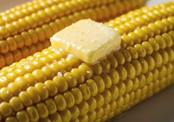 Golden yellow corn on the cob, buttered and seasoned with salt, ready to be eaten.