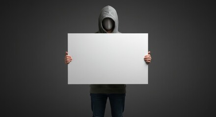 Fototapeta premium Person in a hooded sweatshirt holding a blank sign.