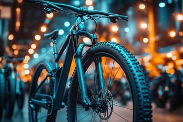 Obraz premium Close-up of a modern mountain bike with wide knobby tires and sleek frame in an urban setting with bright bokeh lights creating a dynamic and vibrant atmosphere