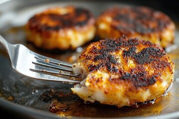 Close-up of crispy golden-brown patties frying in a pan with oil and a fork piercing one patty showing soft interior