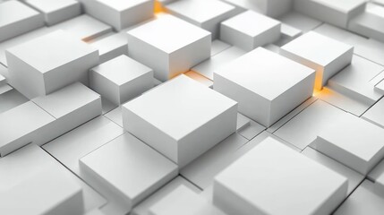 Obraz premium Abstract white 3D cubes or blocks arranged in a grid with subtle glowing orange light accents creating a modern technological and futuristic atmosphere