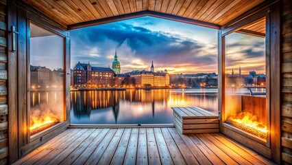 Double Exposure: Stockholm Sauna - Swedish Wooden Interior & Cityscape