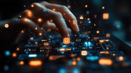 Hand interacting with a futuristic keyboard surrounded by floating digital icons and glowing lights