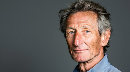 Obraz premium Mature man portrait, serious expression, grey background, studio shot, professional headshot
