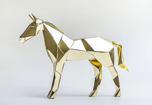 Geometric gold unicorn sculpture, low-poly style, reflective surface - Powered by Adobe