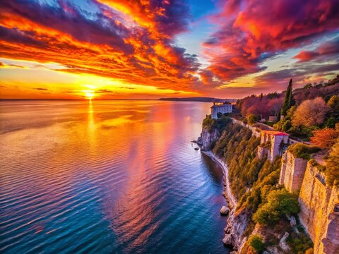 Dramatic Winter Sunset over Duino Cliffs, Adriatic Coast, Trieste, Italy