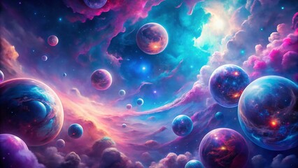 Dreamy Cosmic Nebula: Pink, Blue, Purple Interstellar Clouds with Glowing Spheres