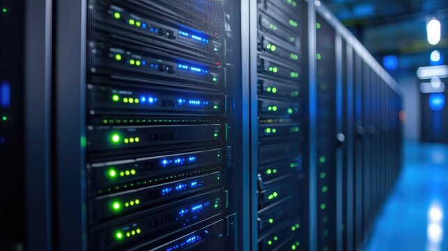 Close up view of a server room with multiple servers and blinking lights in a blue toned environment - Powered by Adobe