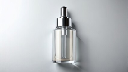 Drone Aerial View: Clear Cylinder Cosmetic Bottle Mockup with Black-Silver Dropper - Product Packaging