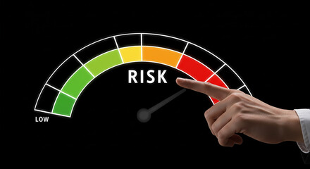 A risk meter with a hand pointing to the red zone on a black background showing high risk level
