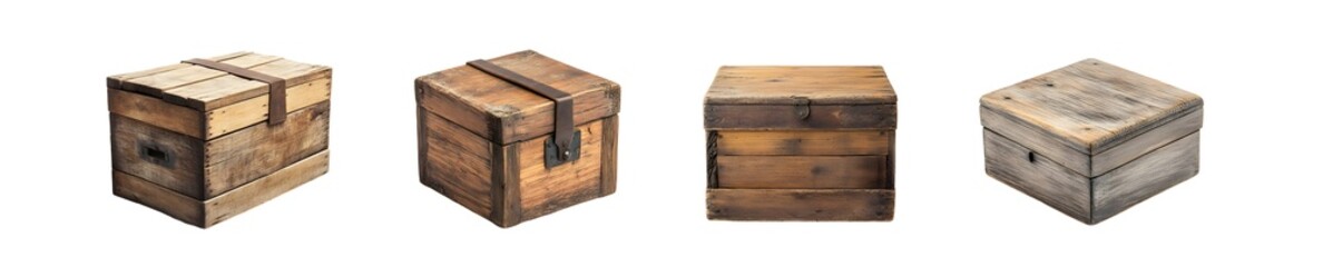 Set of weathered wooden crates arranged in a row. isolated on transparent background