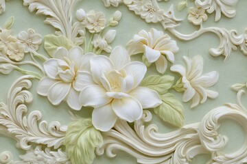 Ornate floral design in pastel tones, detailed relief carving.