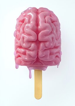 Naklejki Pink melting popsicle shaped like a human brain on a wooden stick against a white background